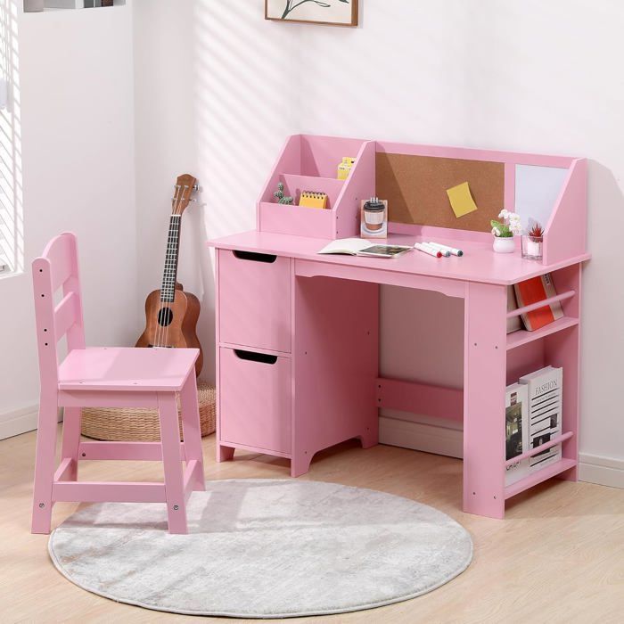 Bureau enfant avec chaise table détude en bois pour 3-8 ans avec bibliothèque panneau daffichage et armoires Rose
