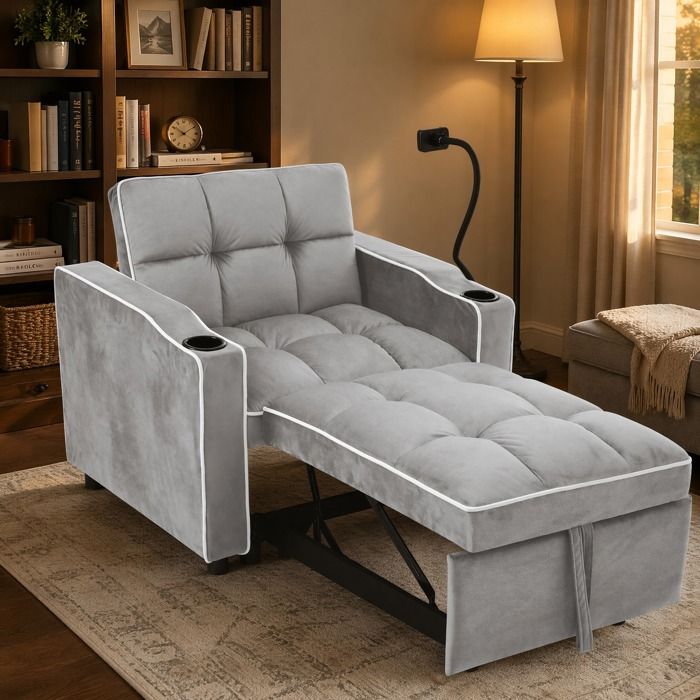 Canapé convertible 3-en-1 fauteuil 1 place velours 83x167x76 cm avec porte-gobelets rangement latéral TYNQER