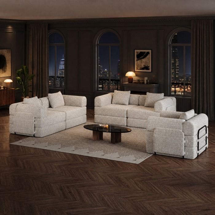 Canapé convertible canapé-lit 6 places modulable en chenille avec coffre d’accoudoir design breveté FOLYNA