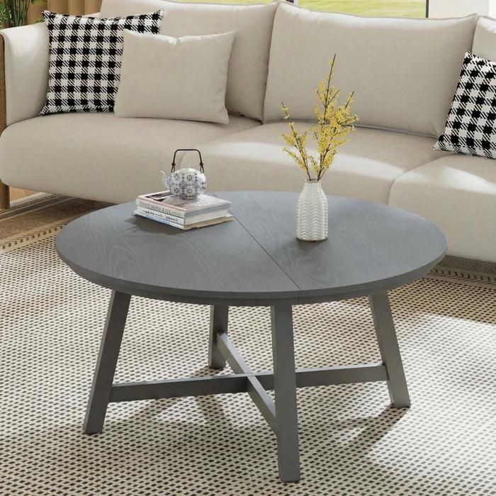 KOIOPLIE Table basse ronde 91 cm style industriel – Grand plateau effet bois – Piètement métal renforcé avec patins réglables – Gris