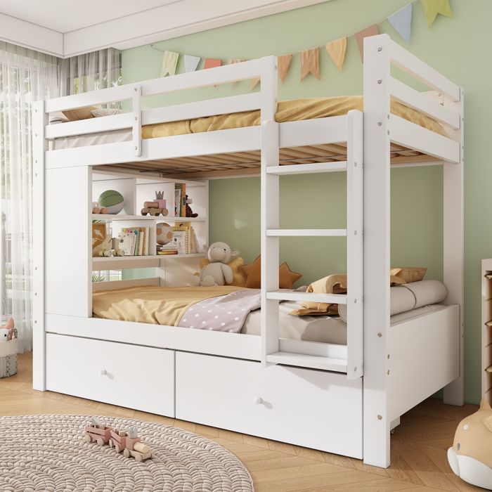 Lit superposé enfant 2 places 90x200 cm avec 2 tiroirs étagère ouverte échelle et garde-corps structure en bois blanc