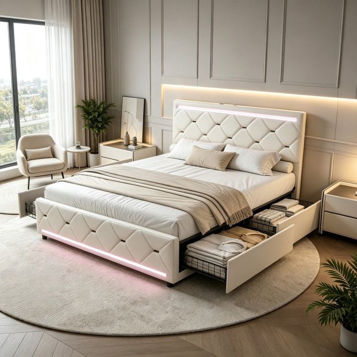 Lit Double 160x200 cm avec 4 Tiroirs et LED Lit Capitonné avec Prises USB et Type-C Tête de Lit Rembourrée Velours Beige