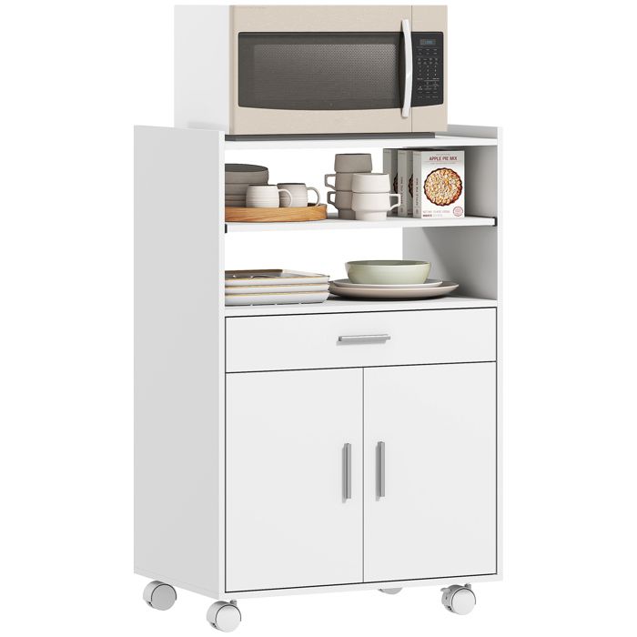 Desserte de cuisine sur roulettes chariot micro-onde avec placard tiroir et étagères 59x40x92 cm blanc