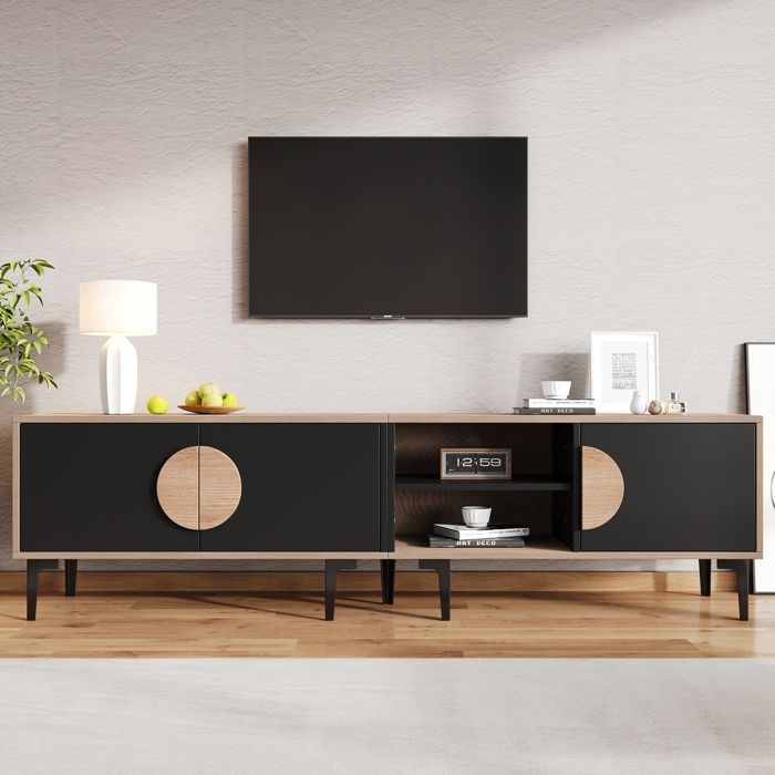 Meuble TV 180cm 3 portes et 2 niches ouvertes meuble TV bas en bois naturel et noir pour salon 180x35x49cm