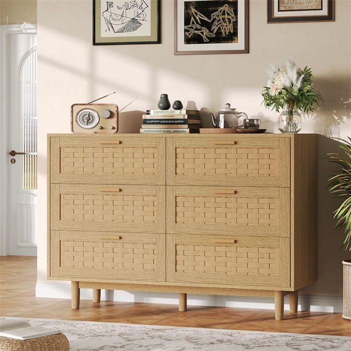 Commode 115x40x80cm - Commode de chambre 6 tiroirs en cannage PVC poignées en métal et pieds surélevés - Chêne clair Commode 115x40x80cm - Commode de chambre 6 tiroirs en cannage PVC poignées en métal et pieds surélevés - Chêne clair