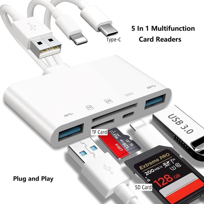 Lecteur de Carte SD pour iPhone/iPad, connecteur Lightning + USB C vers  Lecteur de Carte SD/TF Adaptateur Lecteur de Carte mémoire pour Micro SDXC,  SDHC, SDXC, Cartes SD, Disque USB, pour iPhone/iPad 
