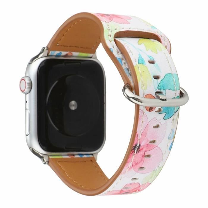 Bracelet Pour Montre Connectée Cuir Véritable Pour Apple Watch Series 6 Se 5 4 40Mm-Série 3 2 1 38Mm -Fleur Rose