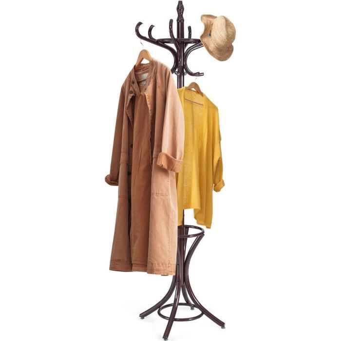 GOPLUS Porte-Manteau sur Pied H.184CM avec 12 Crochets en Bois Massif-Support Manteau/Parapluie/Chapeau Brun
