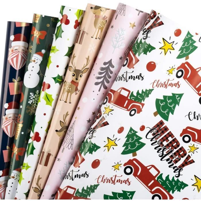 5 Pcs Rouleaux Papier Cadeau Noel Emballage Noël D'emballage