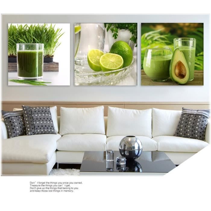 Triptyque Vert Citron Fruits Moderne Peinture Murale Toile Imprime