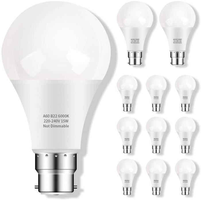 Lot de 8 Classe énergétique A+ A60 15W équivalent 150W Ampoule 1500lm Blanc Froid 6000K Bonnov Ampoules LED B22 Non-Dimmable 