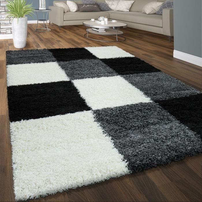 Tapis Shaggy Poils Hauts Confortable Doux Poils Longs Carreaux Motif Gris Noir Blanc 65x130 Cm