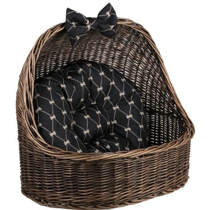 Meilleurs prix pour Corbeille,niche, panier ovale en osier brun-gris avec joli coussin noir imprimé petits os beiges et une os décoratif
