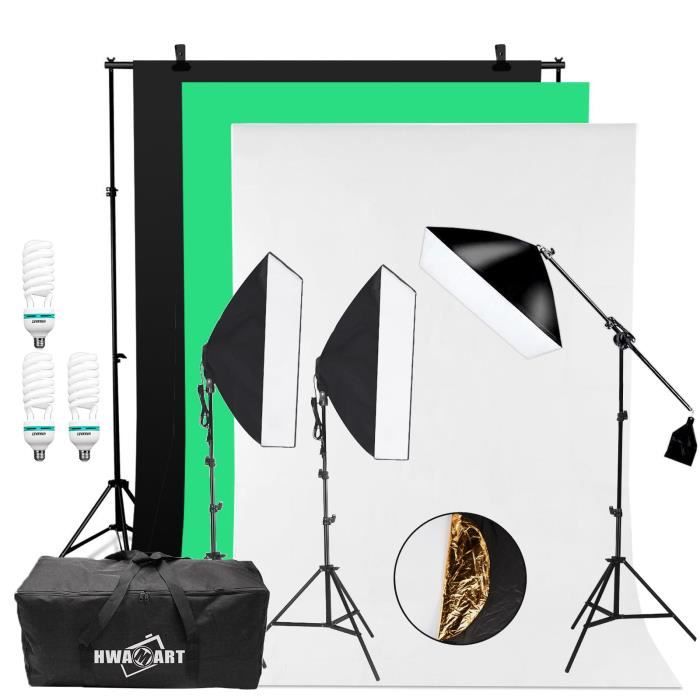 Photo Système de Support de Fond 3x2m avec Fond Vert Noir Blanc, 150W Ampoule 5500K, Softbox, 5 en 1 Réflecteur, Bras Girafe, Sac