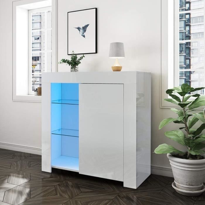 Buffet Blanc laqué LED, Brillant 1 Porte, Meuble de Rangement de Salon