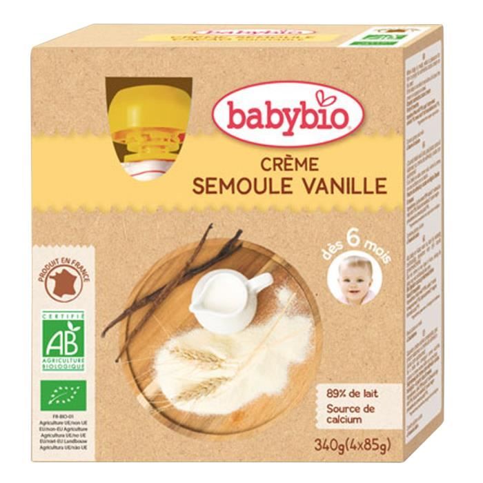 Babybio - Gourde Crème Semoule Vanille - Bio - 4x85g - Dès 6 mois