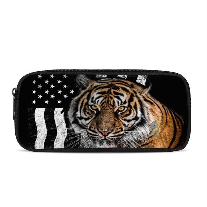 Trousse à Crayons En Cuir Motif Tigre Noir Et Blanc – Fermeture éclair Métal, Dimensions 21x5,5x5 Cm – École, Bureau