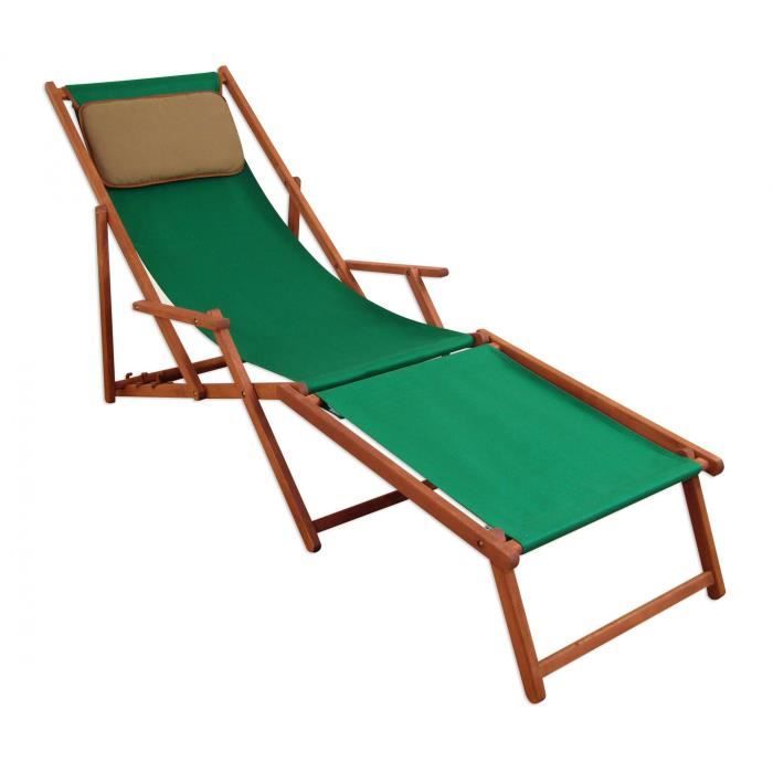 Chaise longue de jardin verte pliante avec reposepieds et oreiller