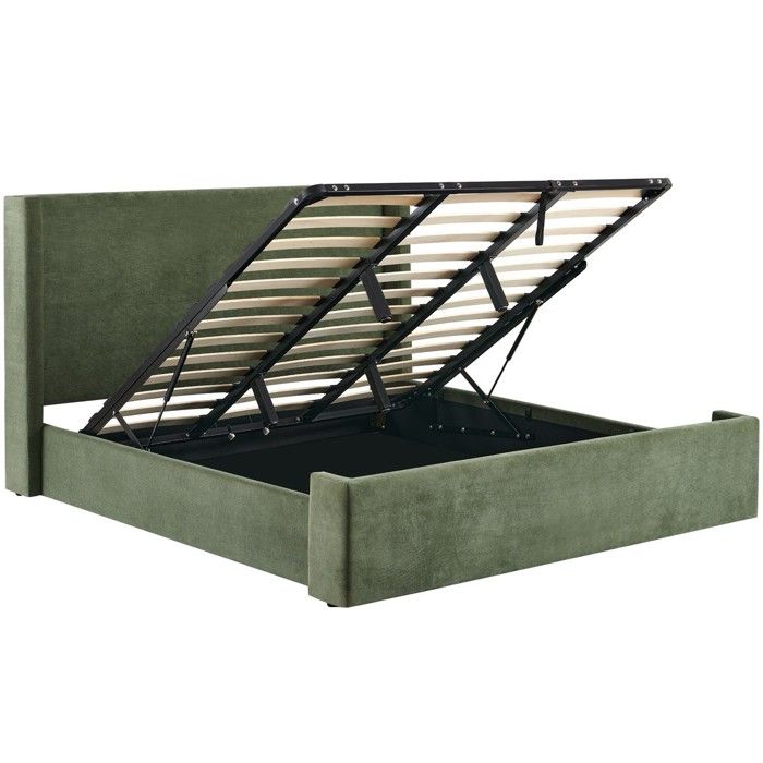 Lit coffre adulte 140x190 cm avec tête de lit capitonnée en velours côtelé vert kaki - Elma Lit coffre adulte 140x190 cm avec tête de lit capitonnée en velours côtelé vert kaki - Elma