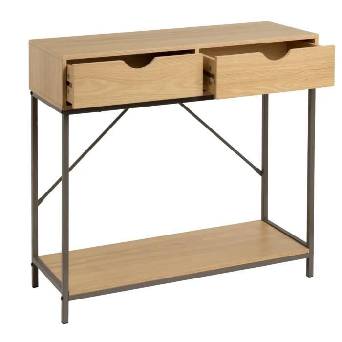 Table console - JUANIO - Longueur 80 cm - 2 tiroirs - Panneaux de particules naturel et structure en métal gris