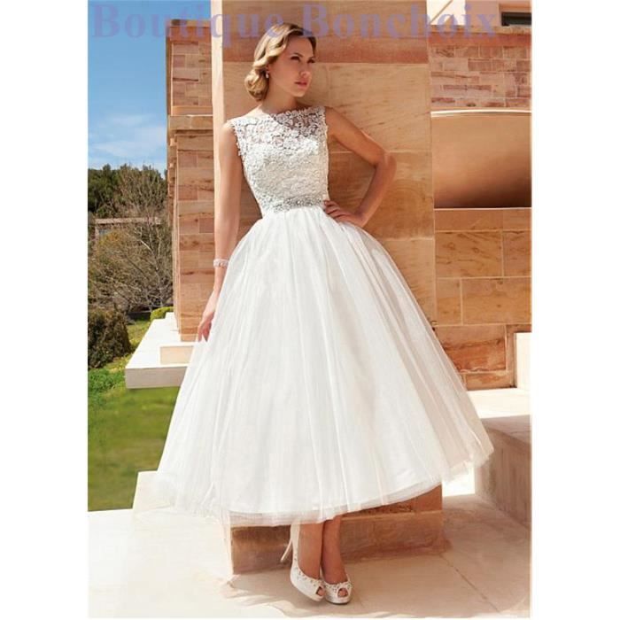 Robe De Mariee Bal De Mariage Femme Courte En Dentelle Tulle Sans