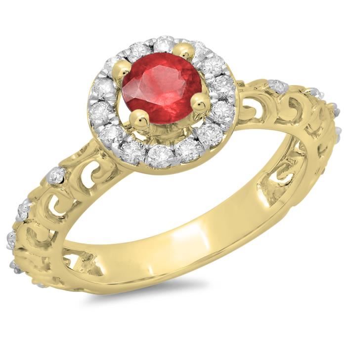 Bague Femme 14 Ct 585 1000 Or Jaune Rubis Diamants Vintage Rouge