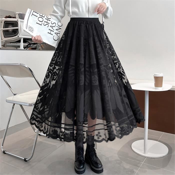 Jupe longue en maille de dentelle taille haute pour femmes jupe en tulle noir vetements plisses assortis grande Black A1988 Blanc Cdiscount Pret a Porter
