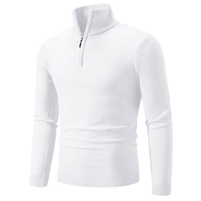 Pull Homme Hiver Chaud Pull-Over Homme Manches Longues Pull Col Zippé Tissu  Doux Elastique . PULL - CHANDAIL Blanc