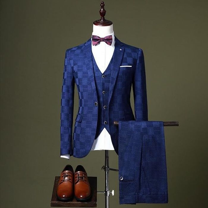 Costume 3 pi ces Pour Homme bleu veste pantalon gilet Costume