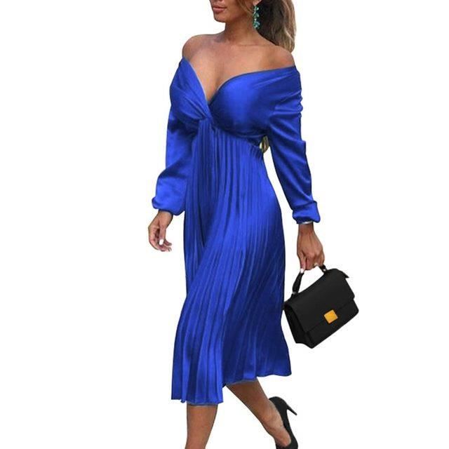 Robe,robe longue pliss?�e en Satin pour femme,tenue ?�l?�gante,?�paules d?�nud?�es,col en V,mi-longue 