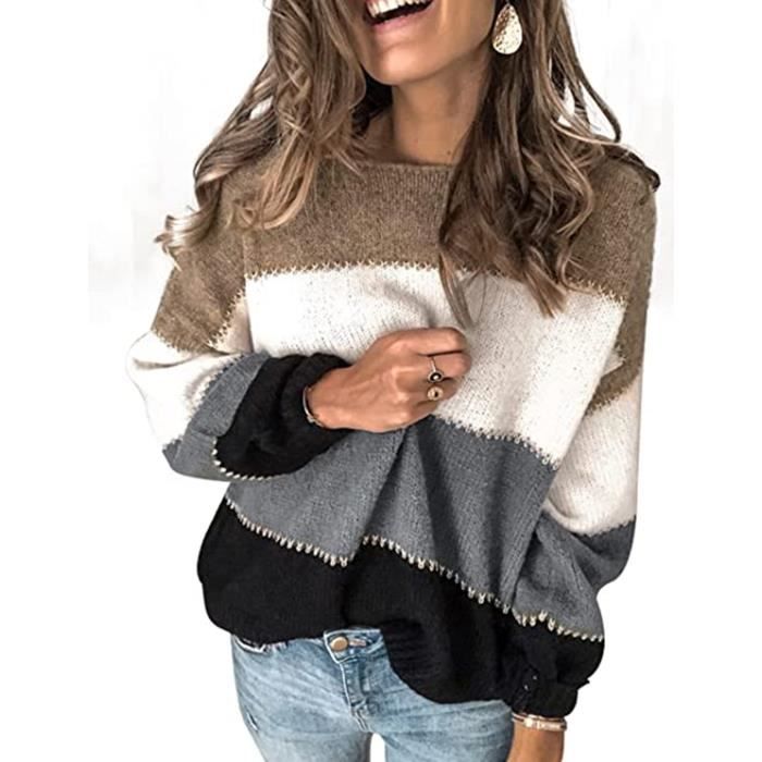 Pull Femme Chic Chaud Pas Cher Raye Ample Mode Pullover Col Rond Hauts Manche Longue Pull Femme Hiver Pull Tricote Gris S