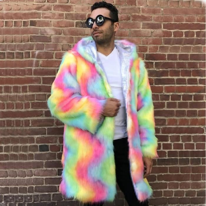 Femmes hommes a capuche longue arc en ciel Faux manteau de fourrure de renard hiver haute epaississement chaud multicolore veste en Noir Cdiscount Pret a Porter
