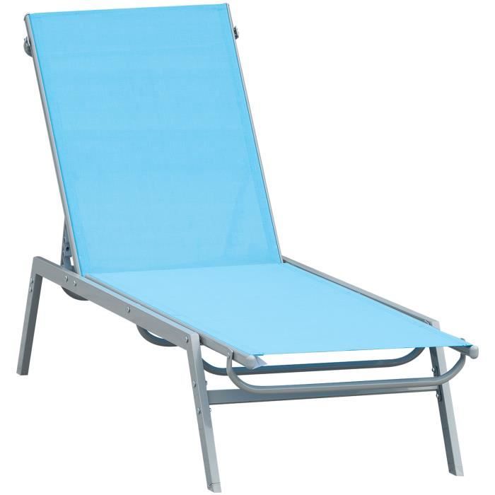 Bain de soleil transat design contemporain OUTSUNNY - Bleu - 170x58x97 cm - Dossier inclinable multi-positions