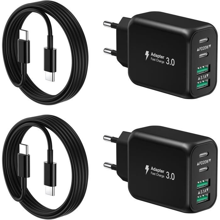 [2 Paquets] Chargeur Mural Usb-C, 40W 4Port Qc+Pd 3.0 Power Adapter ...