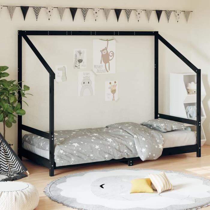 Cadre de lit pour enfants - VIDAXL - Noir - 90x190 cm - Bois de pin massif - Avec tiroirs