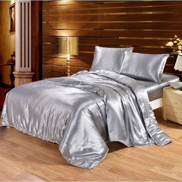 Parure de drap en Soie Satinée -Parure de lit 4 Pcs = 2 Taies doreiller 1 Drap-Housse 1 Housse de Couette -220x240cm-Gris