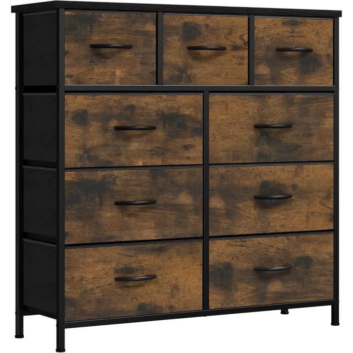 Commode 9 Tiroirs En Tissu Avec Motif Fleur Vintage – Cadre Métal – Rangement Chambre, Salon, Entrée – Marron Rustique - 4