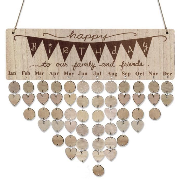 Calendrier D'anniversaire Familial En Bois Sculpté - 40x12 Cm, Avec 100 étiquettes Cœur/rond - Décoration Murale Personnalisable - 10