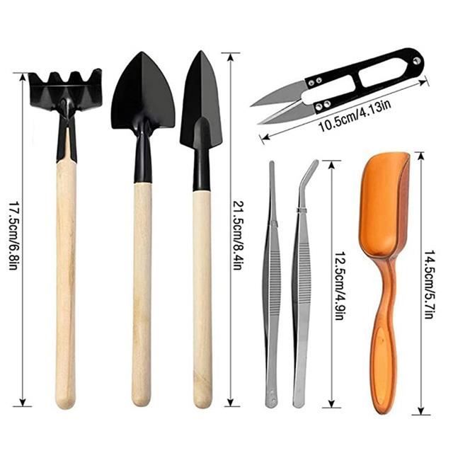 CORHAD 6 Pièces Outils de Jardinage Miniatures Comprenant Petite Pelle et Râteau pour Entretien des Plantes Intérieur Légers et Maniables