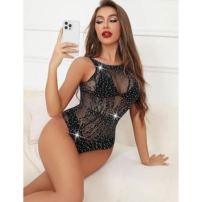 Lingerie Sexy Femme Body Résille Bodysuit Maille Tenue Sexy Nuisette Mini  Robe Paillettes Bodysuit Noir Or