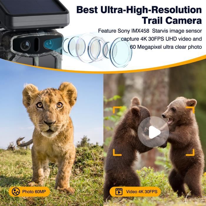 4K/60MP Caméra de chasse à double objectif,panneau solaire amovible ...
