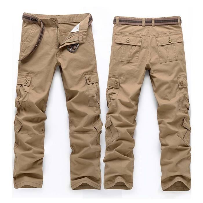 Pantalon Cargo Homme en Coton INSFITY Coupe Droite Multi poches Style Militaire Kaki