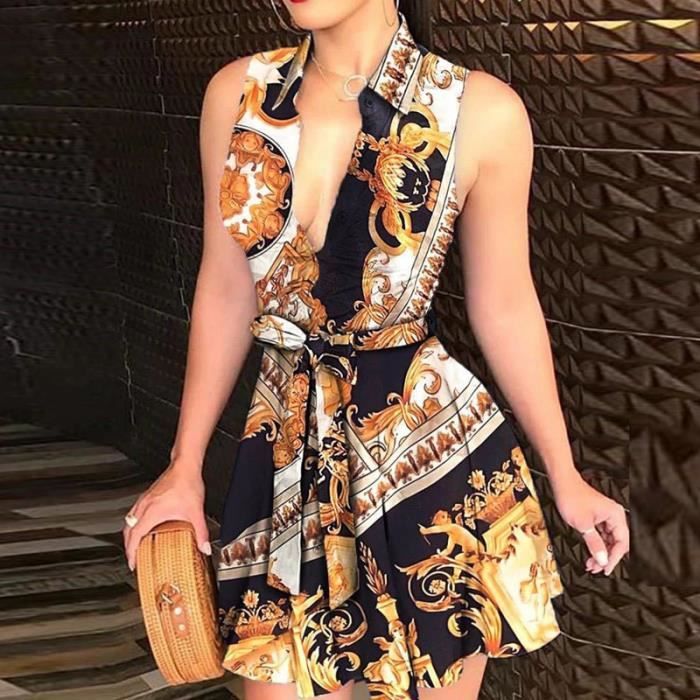 Robe Robe de soiree sans manches pour femmes imprime de chaine decontractee ligne a Mini Sexy vetements de Type Style 4 Blanc Cdiscount Pret a Porter