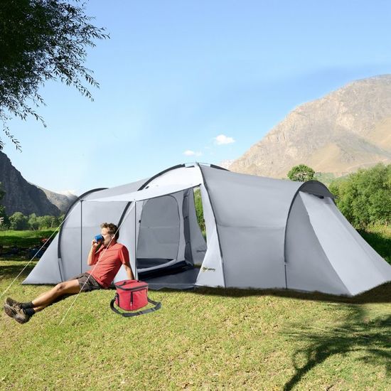 Tente Camping 6 Places Outsunny - 3 Chambres Séparées + Véranda | Imperméable Et Spacieuse