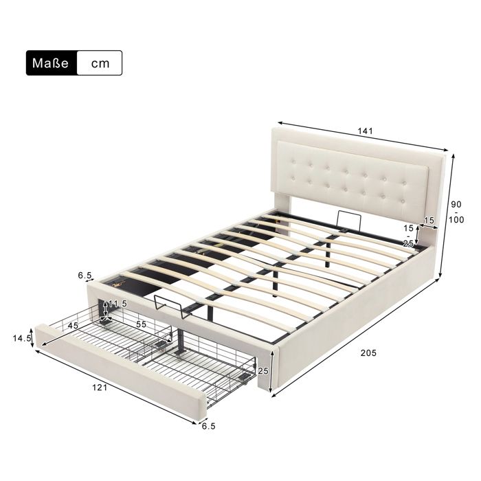 Lit coffre Canapé-lit 140x200 cm lit de rangement avec 2 tiroirs sommier à  lattes en bois velours - Cdiscount Maison