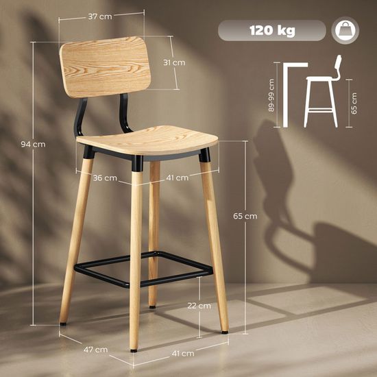 Lot De 2 Tabourets De Bar Pivotants HOMCOM – Hauteur Réglable 60-80 Cm, Assise En Bois D'hévéa, Repose-pieds – Cadre En Acier, Blanc, Charge Max 120 Kg