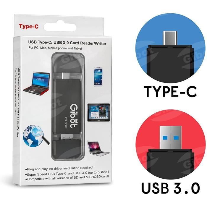 Gibot 3.0 USB Type C Lecteur de Carte SD Adaptateur USB 3.0 Lecteur de Carte  mémoire pour SDXC, MMC, Micro SD, Carte Micro SDHC pour Android, Macbook et  PC Portable : : Informatique