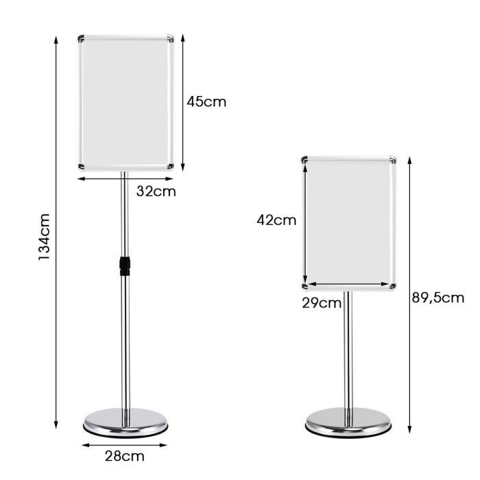 Présentoir Sur Pied A3 Réglable - Lot De 2, Alliage Aluminium/Acier, Hauteur 78,5-123 Cm, Panneau PVC - Pour Menu, Affiche