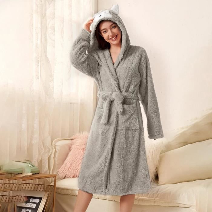 Pyjama Femme Peignoir De Bain Avec Capuche Peignoir De Bain Femme Eponge Capuche Robe De Chambre Femme Polaire Grande Taille gris