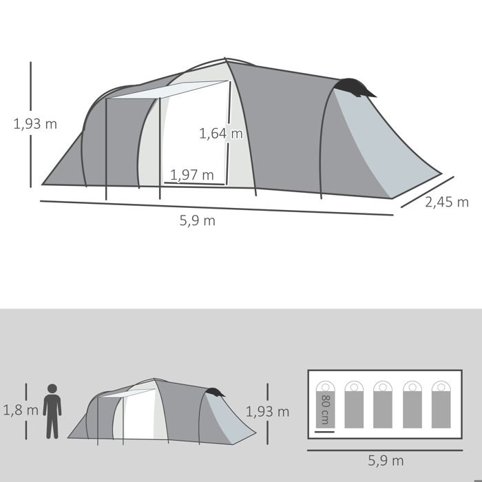 Outsunny Tente De Camping Dôme Familiale 6-8 Personnes - 4 Portes Filet, Tissu Oxford Amovible, 350x350x230 Cm Blanc Et Gris